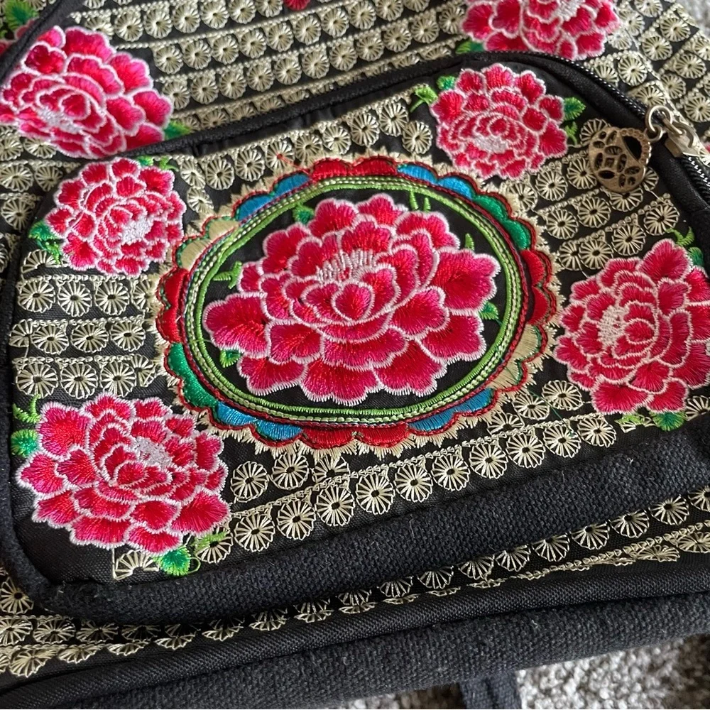 Embroidered Floral Small Backpack Drawstring Flap Over Fabric Ethnic Heritage